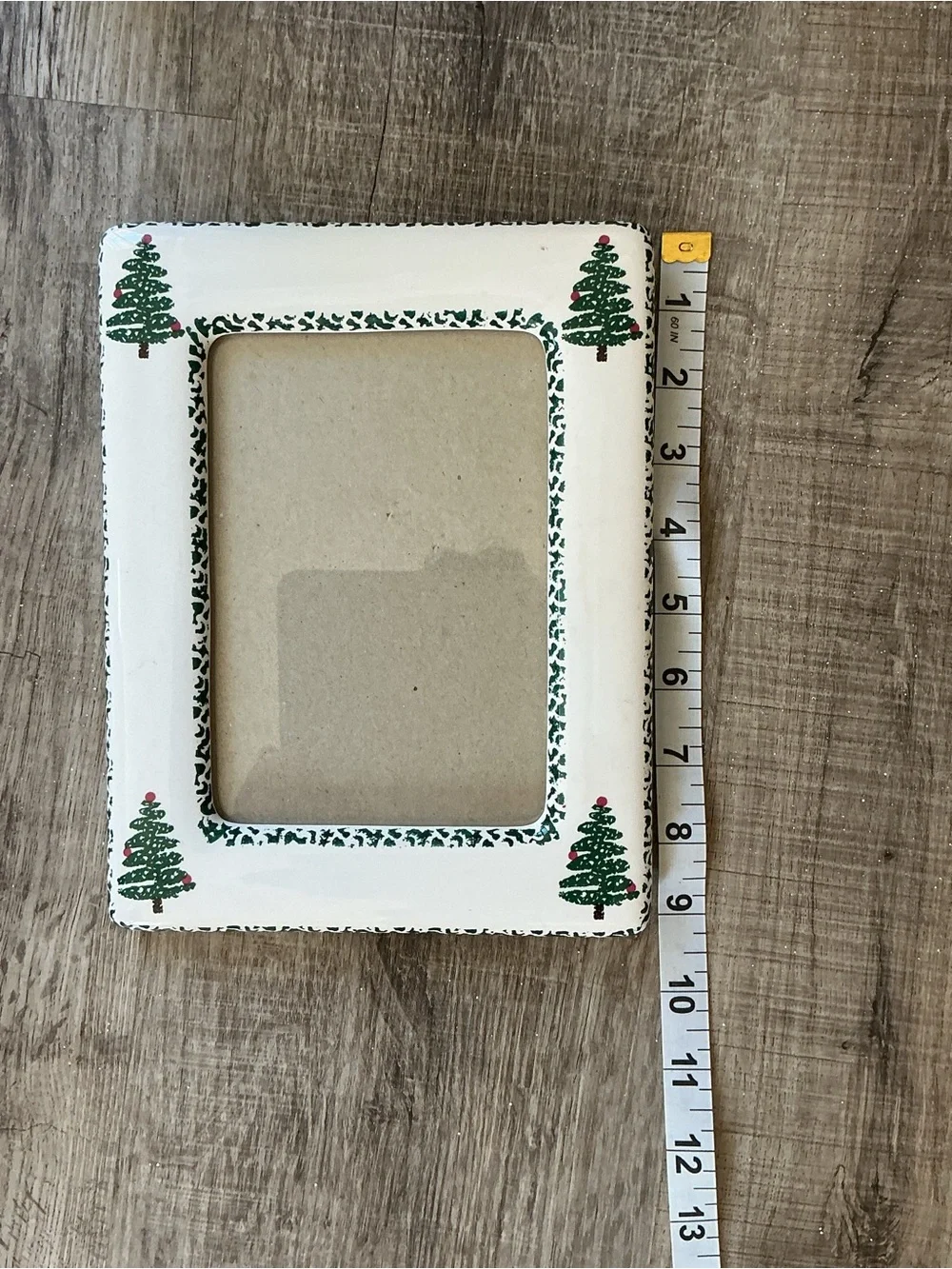 White Picture Frame with Green Christmas Tree Accents -